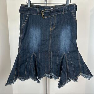Vintage Y2K 90s Jean Skirt Size M Blue Tulip Denim Belted Whimsigoth Flare Fairy